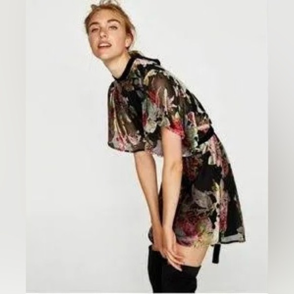 ❄️Winter 50% Sale! Zara Velvet Burnout Devore Mini Dress w/ Waist and Neck Tie - Picture 2 of 5